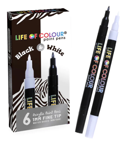 Life of Colour BLACK & WHITE 1mm Fine Tip Acrylic Paint Pens - Set of 6
