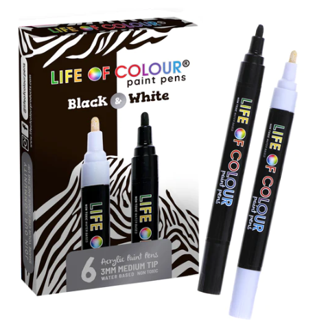 Life of Colour BLACK & WHITE 3mm Medium Tip Acrylic Paint Pens - Set of 6