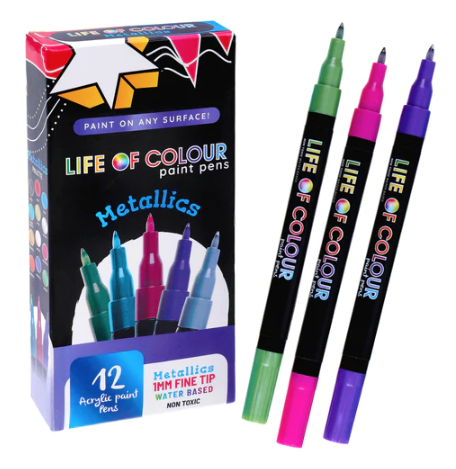 Life of Colour Metallic 1mm Fine Tip Acrylic Paint Pens - Set of 12